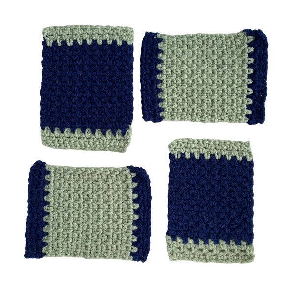 Mug Rugs Coasters Handmade Crochet Navy Blue Green Vinyl Back Set of 4 - Picture 4 of 11
